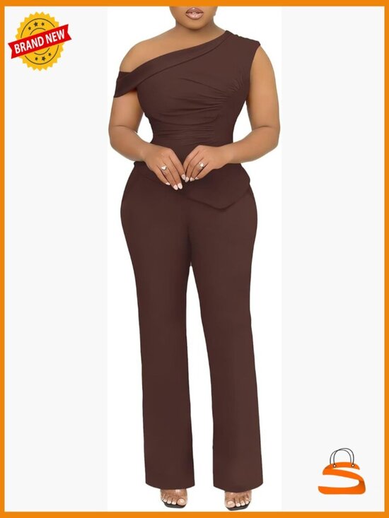 Pants - 2 Piece Outfits One Shoulder Ruched Top & Long Pant Set Sleeveless